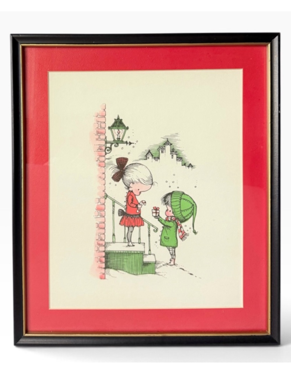 Vintage Joan Walsh Anglund Christmas Scene Children Presents Print Framed 14”